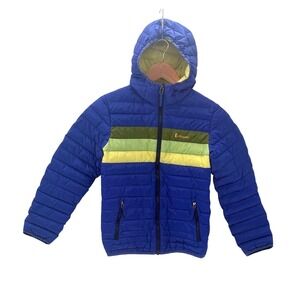 Cotopaxi Puffer Jacket 600 Down Fuego Hood Boys Kids Small Scuba Blue Striped